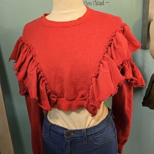 San Joy Red Ruffle Cropped Sweatshirt